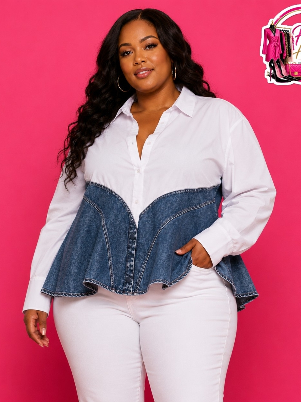 White Shirt with Denim Peplum Panel